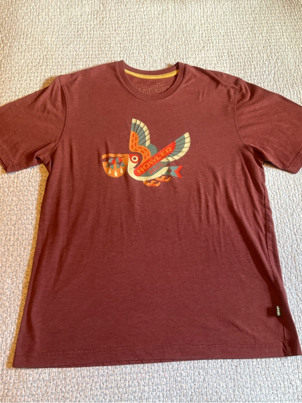 Howler Brothers Men's Short Sleeve Tee - Maroon with Multicolor Pelican Graphic